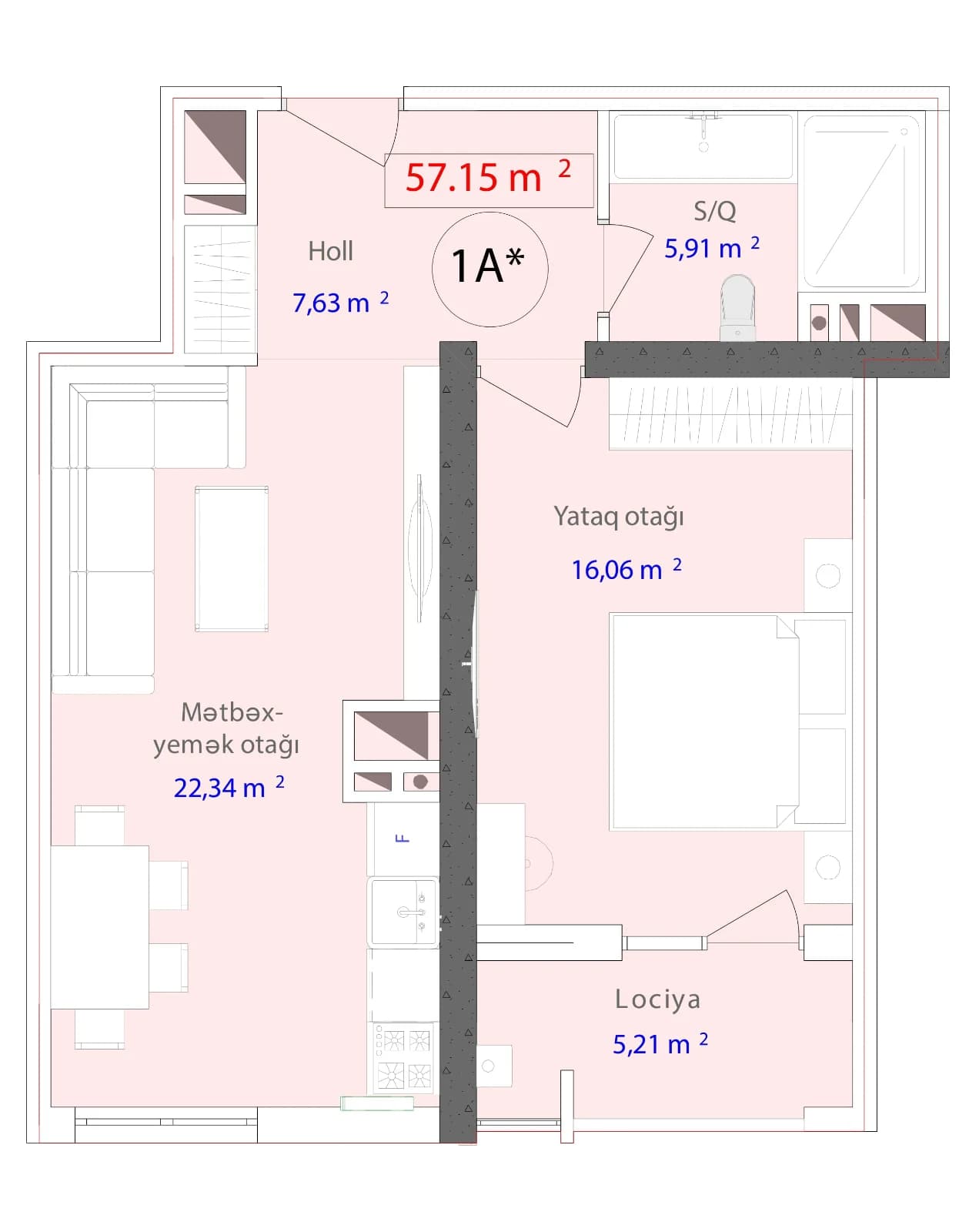 1 otaqlı mənzilin planı